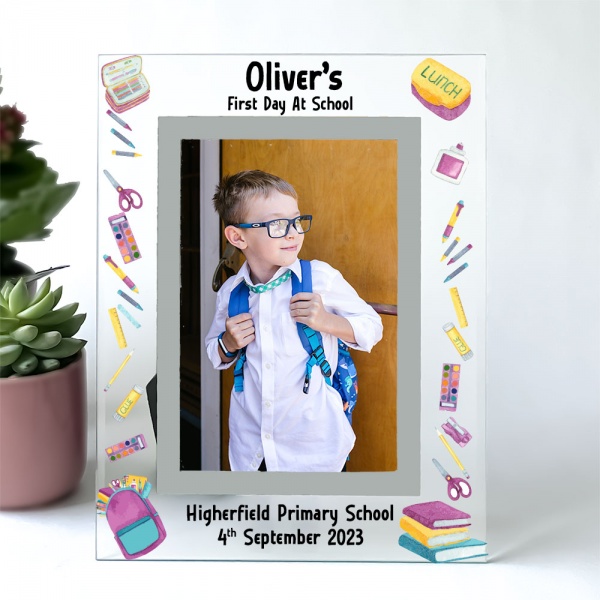 Personalised First Day At School Photo Frame Gift Water Colour School Design  6x4'' or 7x5''